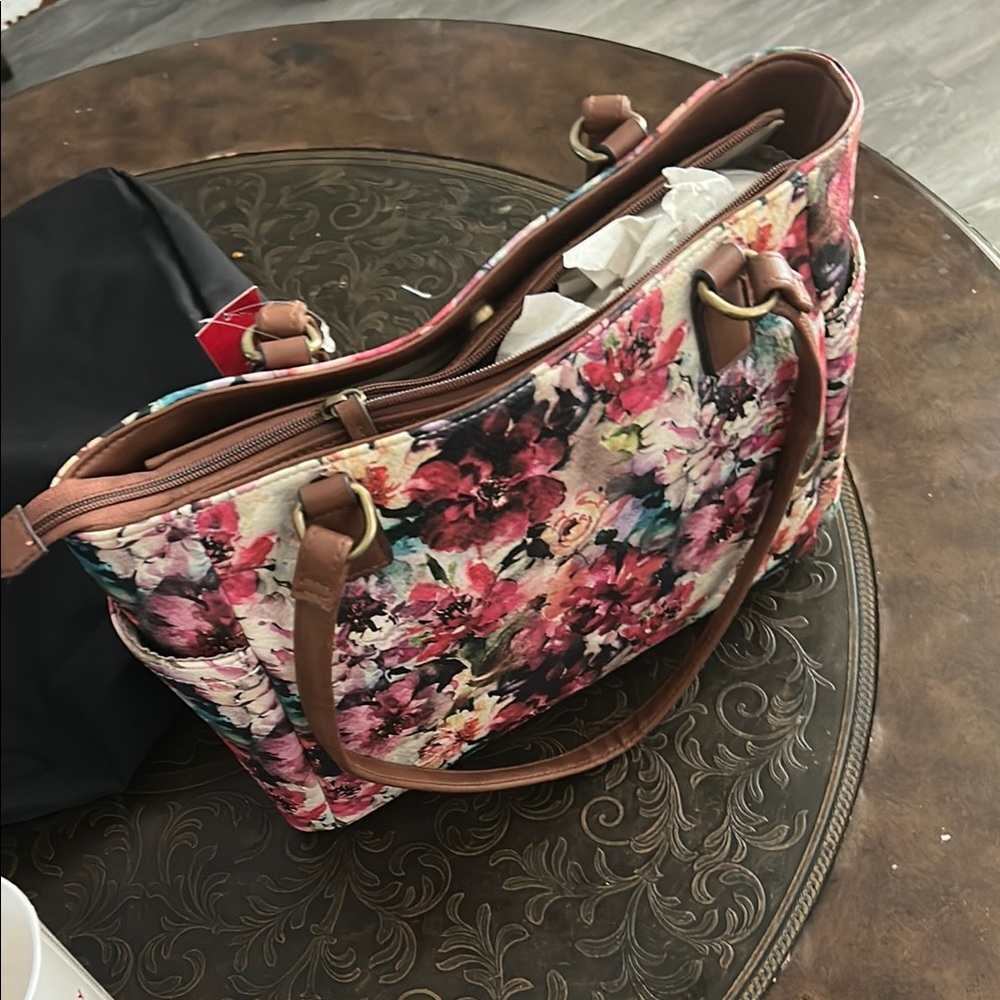 Rosetti Pink and Red Floral Tote Bag with Leather Accents